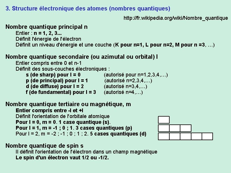 3. Structure électronique des atomes (nombres quantiques) http: //fr. wikipedia. org/wiki/Nombre_quantique Nombre quantique principal