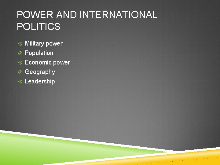 POWER AND INTERNATIONAL POLITICS Military power Population Economic power Geography Leadership 