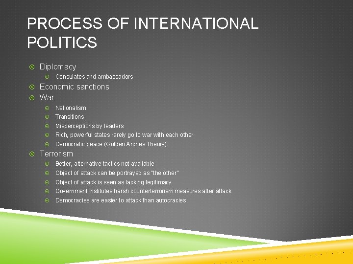 PROCESS OF INTERNATIONAL POLITICS Diplomacy Consulates and ambassadors Economic sanctions War Nationalism Transitions Misperceptions