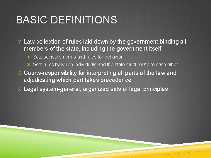 BASIC DEFINITIONS Law-collection of rules laid down by the government binding all members of