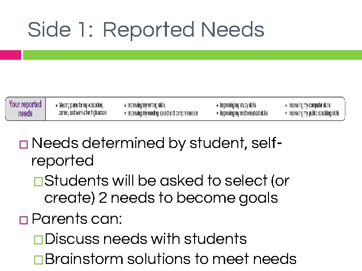 Side 1: Reported Needs determined by student, selfreported �Students will be asked to select