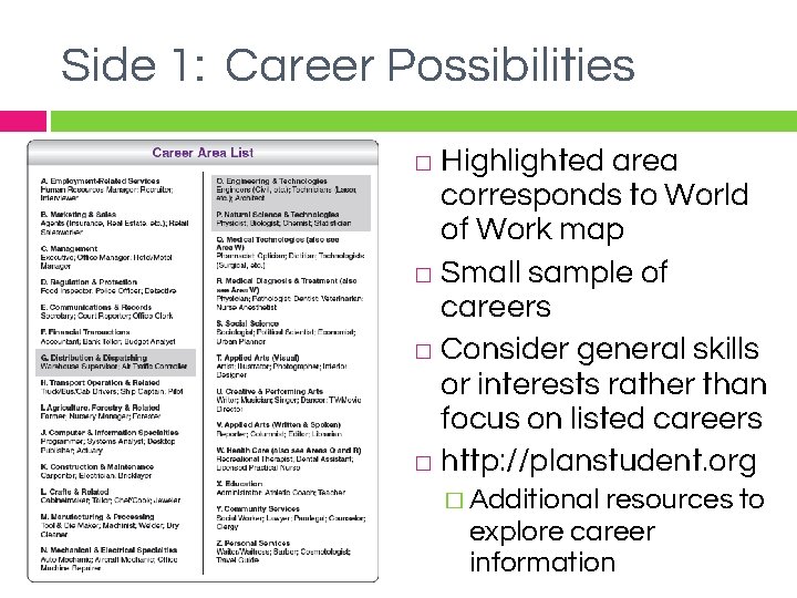 Side 1: Career Possibilities Highlighted area corresponds to World of Work map � Small