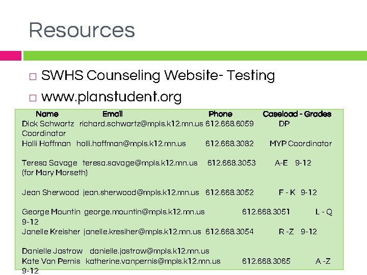 Resources SWHS Counseling Website- Testing � www. planstudent. org � Name Email Phone Dick