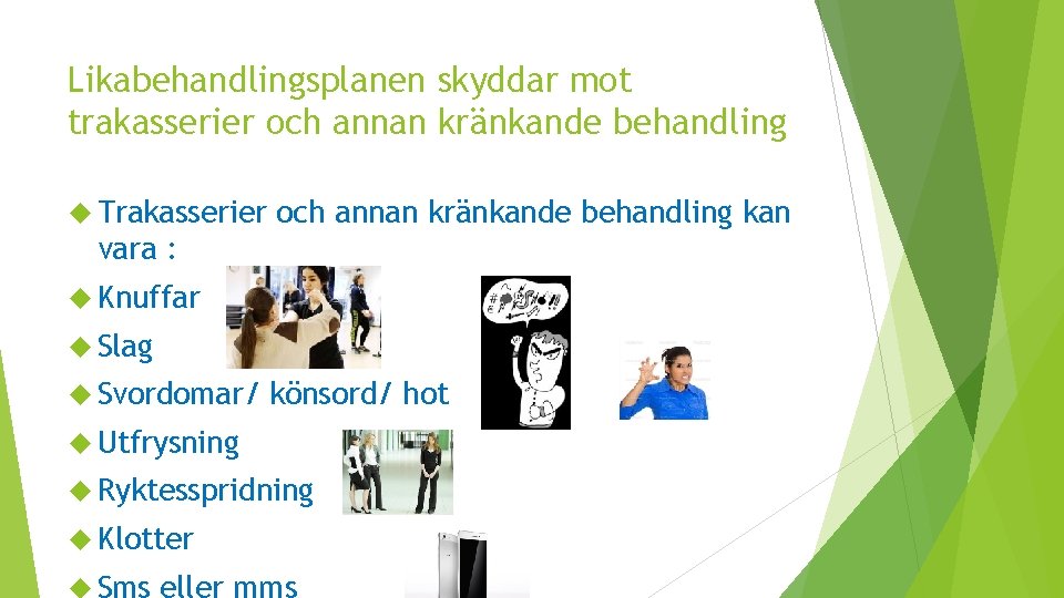 Likabehandlingsplanen skyddar mot trakasserier och annan kränkande behandling Trakasserier och annan kränkande behandling kan