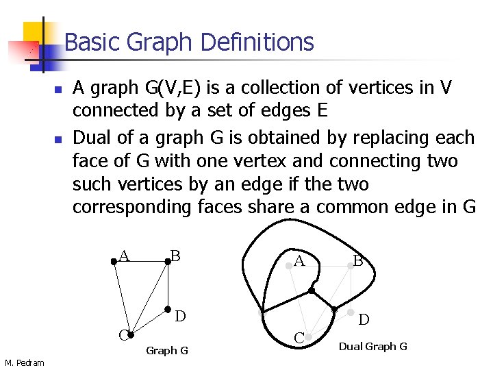 Basic Graph Definitions n n A graph G(V, E) is a collection of vertices