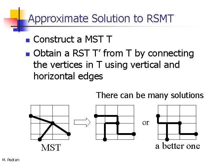 Approximate Solution to RSMT n n Construct a MST T Obtain a RST T’