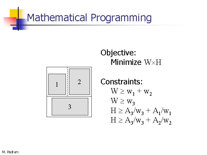 Mathematical Programming Objective: Minimize W H 2 1 3 M. Pedram Constraints: W w