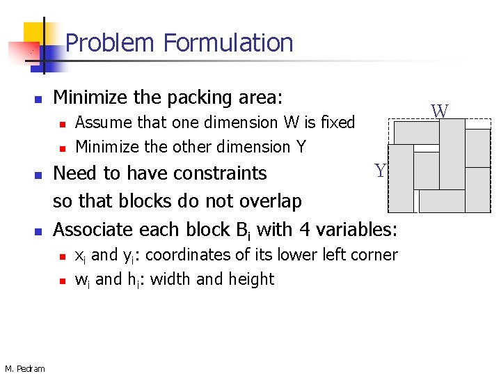 Problem Formulation n Minimize the packing area: n n Y Need to have constraints