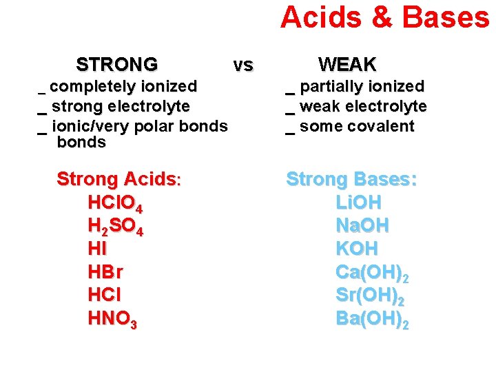 Acids & Bases STRONG _ completely ionized _ strong electrolyte _ ionic/very polar bonds
