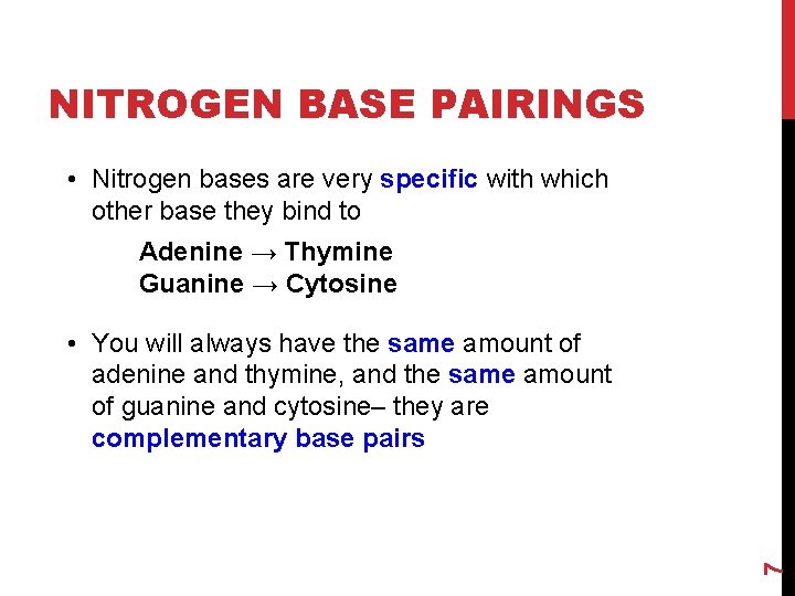 NITROGEN BASE PAIRINGS • Nitrogen bases are very specific with which other base they