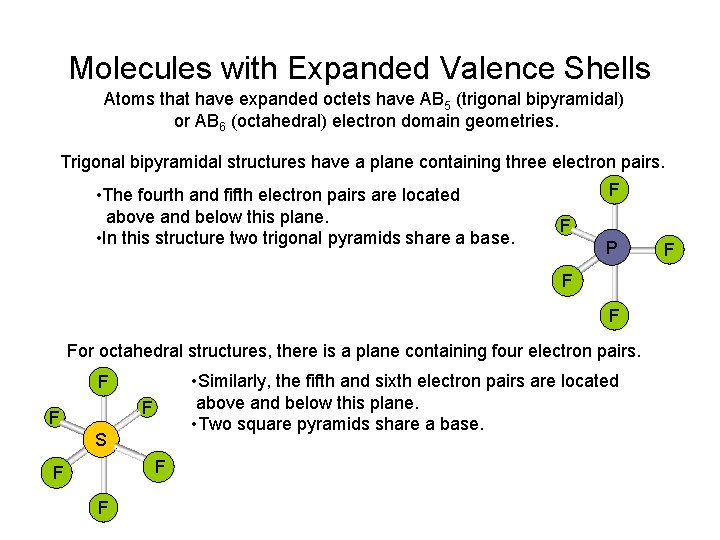 Molecules with Expanded Valence Shells Atoms that have expanded octets have AB 5 (trigonal