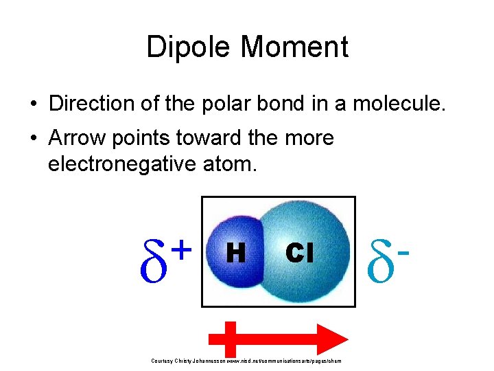 Dipole Moment • Direction of the polar bond in a molecule. • Arrow points