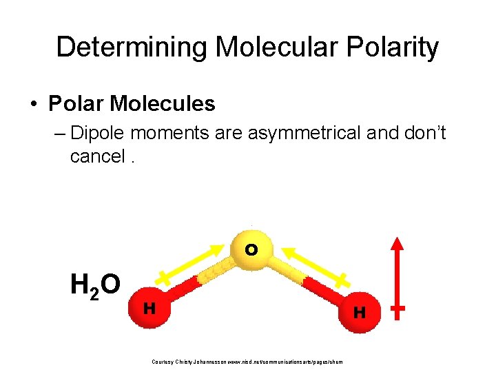 Determining Molecular Polarity • Polar Molecules – Dipole moments are asymmetrical and don’t cancel.