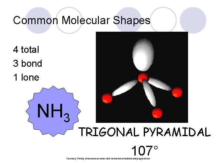 Common Molecular Shapes 4 total 3 bond 1 lone NH 3 TRIGONAL PYRAMIDAL 107°