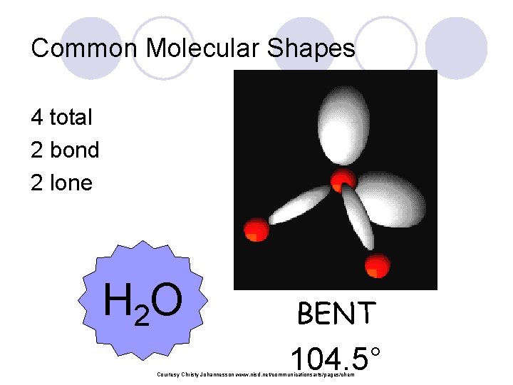 Common Molecular Shapes 4 total 2 bond 2 lone H 2 O BENT 104.