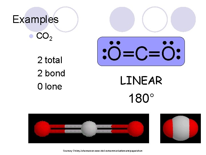 Examples l CO 2 2 total 2 bond 0 lone O C O LINEAR