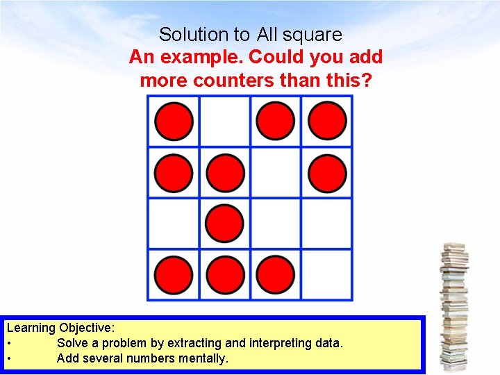 Solution to All square An example. Could you add more counters than this? Learning