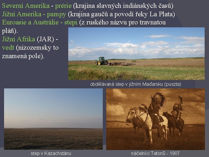 Severní Amerika - prérie (krajina slavných indiánských časů) Jižní Amerika - pampy (krajina gaučů