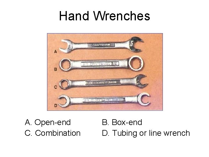 Hand Wrenches A. Open-end C. Combination B. Box-end D. Tubing or line wrench 