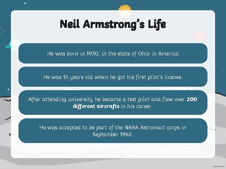 Neil Armstrong’s Life He was born in 1930, in the state of Ohio in