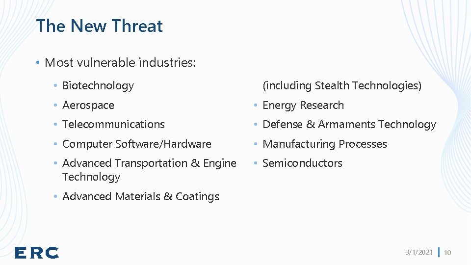 The New Threat • Most vulnerable industries: • Biotechnology (including Stealth Technologies) • Aerospace