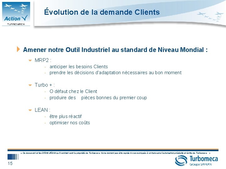 Évolution de la demande Clients 4 Amener notre Outil Industriel au standard de Niveau