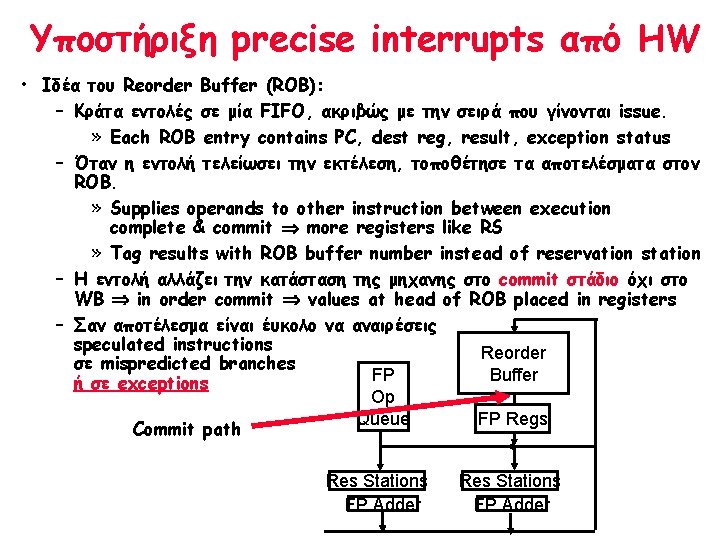 Υποστήριξη precise interrupts από HW • Ιδέα του Reorder Buffer (ROB): – Κράτα εντολές