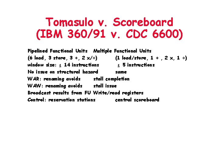 Tomasulo v. Scoreboard (IBM 360/91 v. CDC 6600) Pipelined Functional Units Multiple Functional Units Tomasulo v. Scoreboard (IBM 360/91 v. CDC 6600) Pipelined Functional Units Multiple Functional Units
