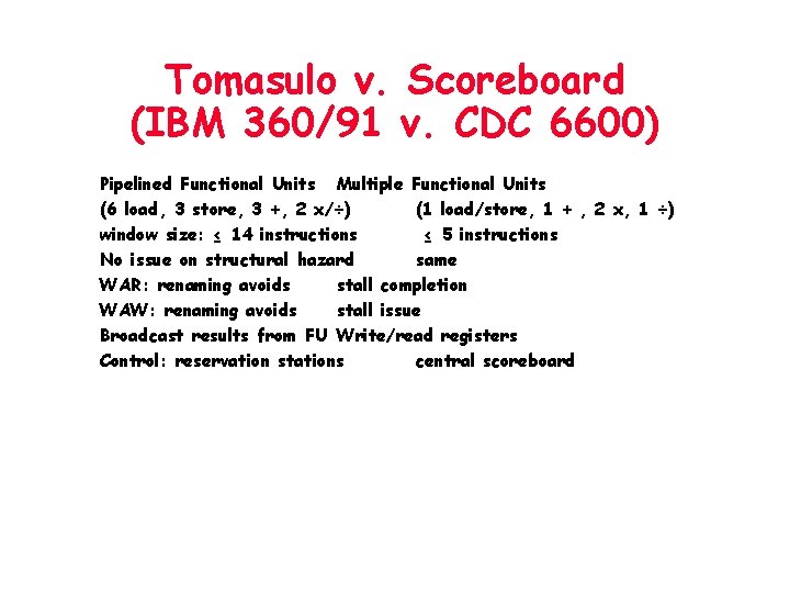 Tomasulo v. Scoreboard (IBM 360/91 v. CDC 6600) Pipelined Functional Units Multiple Functional Units