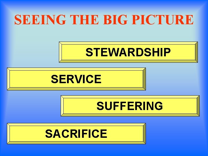 SEEING THE BIG PICTURE STEWARDSHIP SERVICE SUFFERING SACRIFICE 