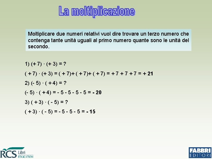 Moltiplicare due numeri relativi vuol dire trovare un terzo numero che contenga tante unità