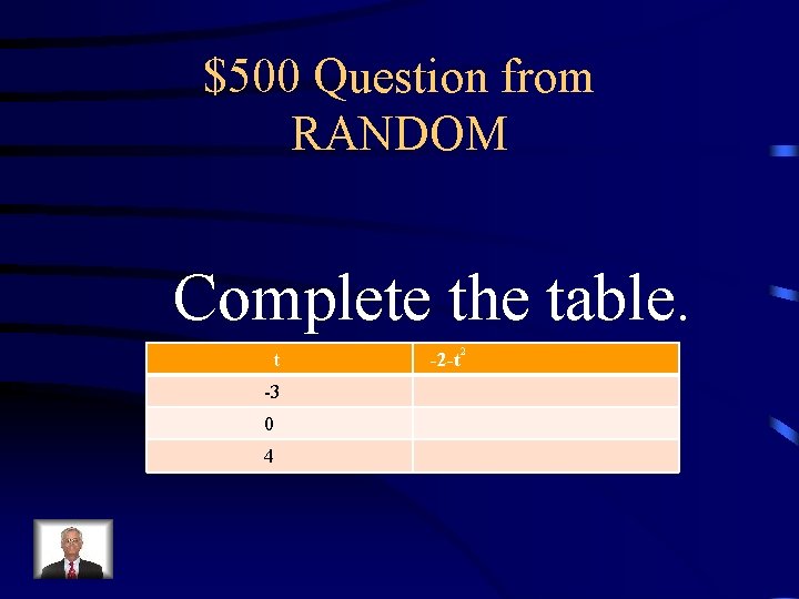 $500 Question from RANDOM Complete the table. t -3 0 4 -2 -t 2