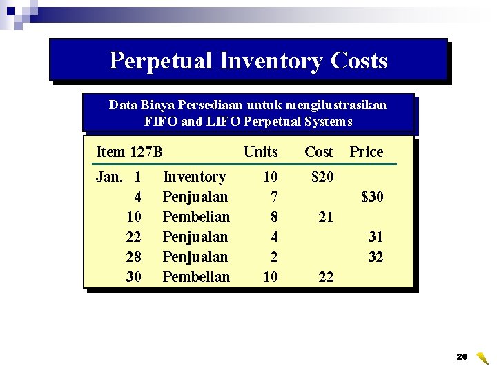 Perpetual Inventory Costs Data Biaya Persediaan untuk mengilustrasikan FIFO and LIFO Perpetual Systems Item