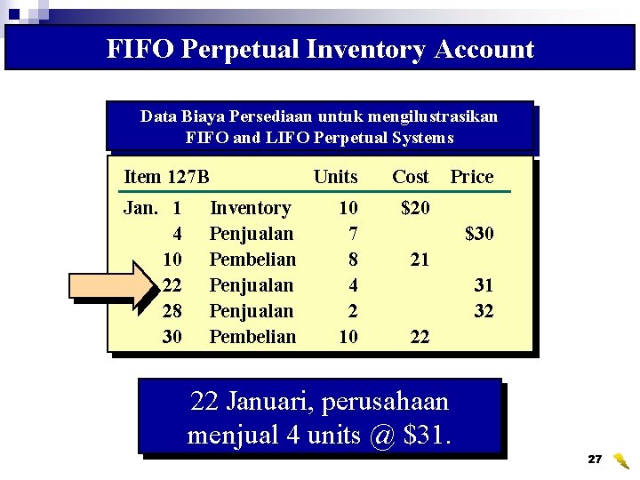 FIFO Perpetual Inventory Account Data Biaya Persediaan untuk mengilustrasikan FIFO and LIFO Perpetual Systems