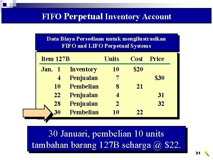 FIFO Perpetual Inventory Account Data Biaya Persediaan untuk mengilustrasikan FIFO and LIFO Perpetual Systems