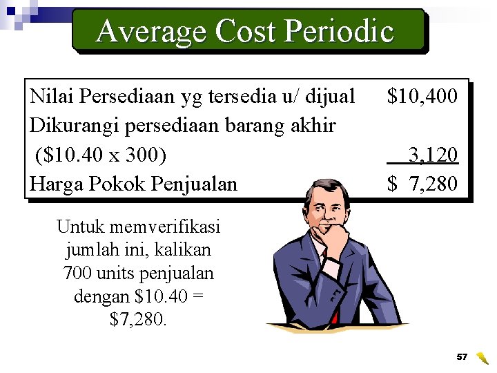 Average Cost Periodic Nilai Persediaan yg tersedia u/ dijual Dikurangi persediaan barang akhir ($10.