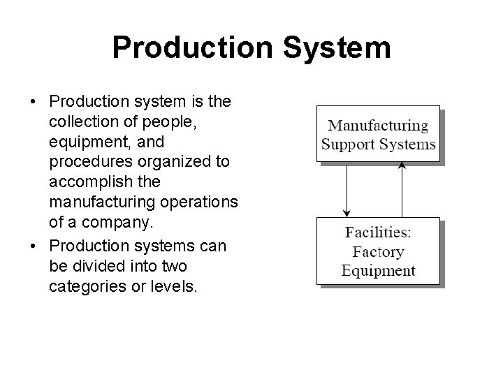 Production System • Production system is the collection of people, equipment, and procedures organized