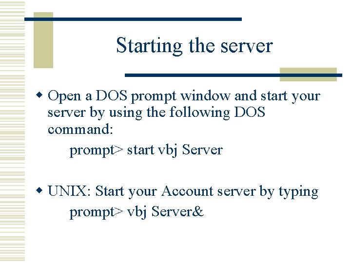 Starting the server w Open a DOS prompt window and start your server by