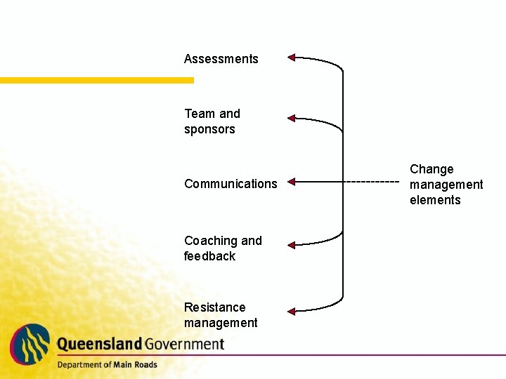 Assessments Team and sponsors Communications Coaching and feedback Resistance management Change management elements 