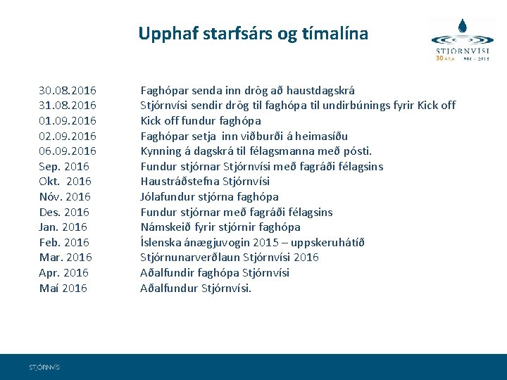  Upphaf starfsárs og tímalína 30. 08. 2016 31. 08. 2016 01. 09. 2016