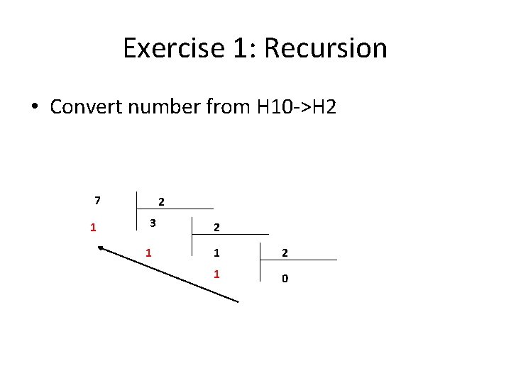 Exercise 1: Recursion • Convert number from H 10 ->H 2 7 1 2