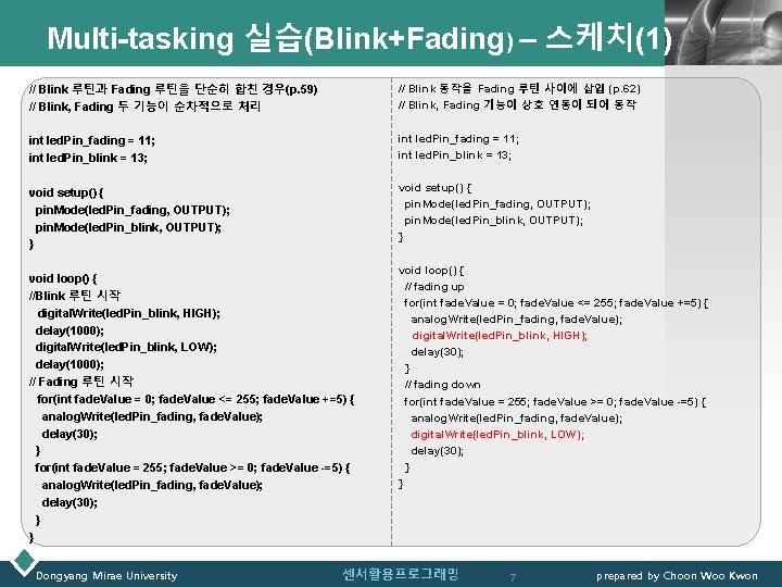 Multi-tasking 실습(Blink+Fading) – 스케치(1) // Blink 루틴과 Fading 루틴을 단순히 합친 경우(p. 59) //