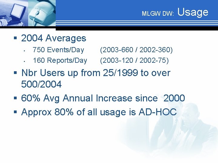 MLGW DW: Usage § 2004 Averages • • 750 Events/Day 160 Reports/Day (2003 -660