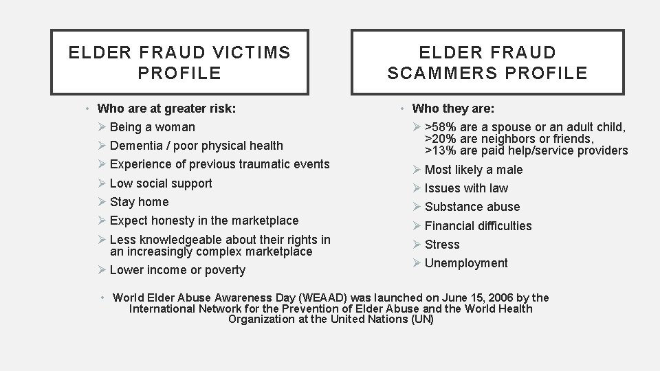 ELDER FRAUD VICTIMS PROFILE • Who are at greater risk: Ø Being a woman