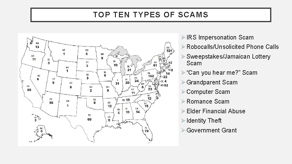 TOP TEN TYPES OF SCAMS Ø IRS Impersonation Scam Ø Robocalls/Unsolicited Phone Calls Ø