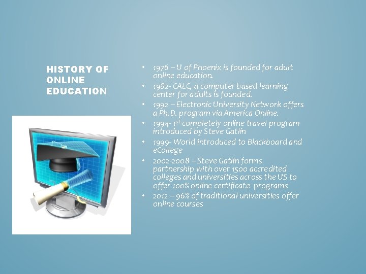 HISTORY OF ONLINE EDUCATION • 1976 – U of Phoenix is founded for adult