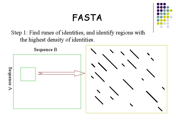 FASTA Step 1: Find runes of identities, and identify regions with the highest density