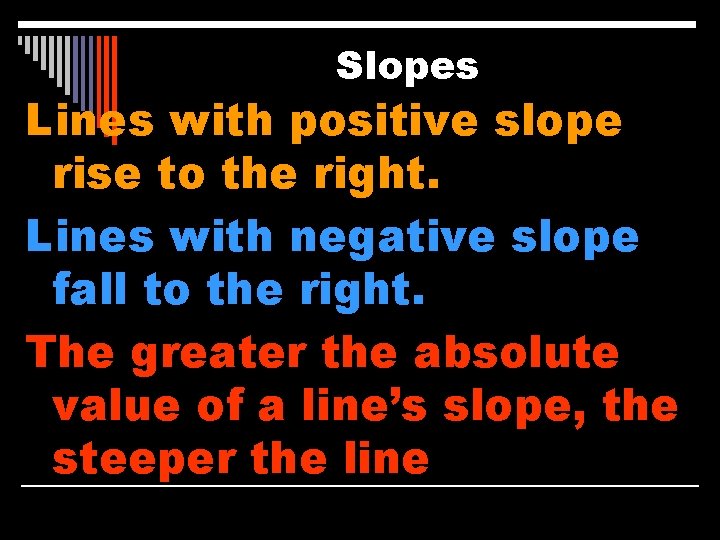 Slopes Lines with positive slope rise to the right. Lines with negative slope fall