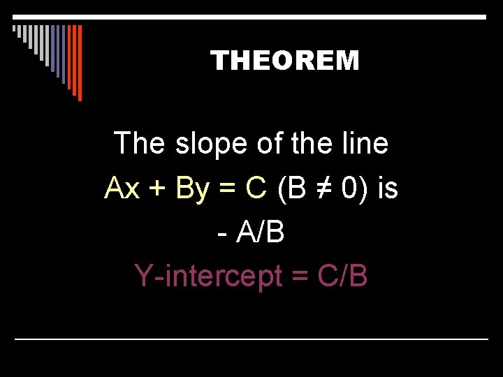 THEOREM The slope of the line Ax + By = C (B ≠ 0)