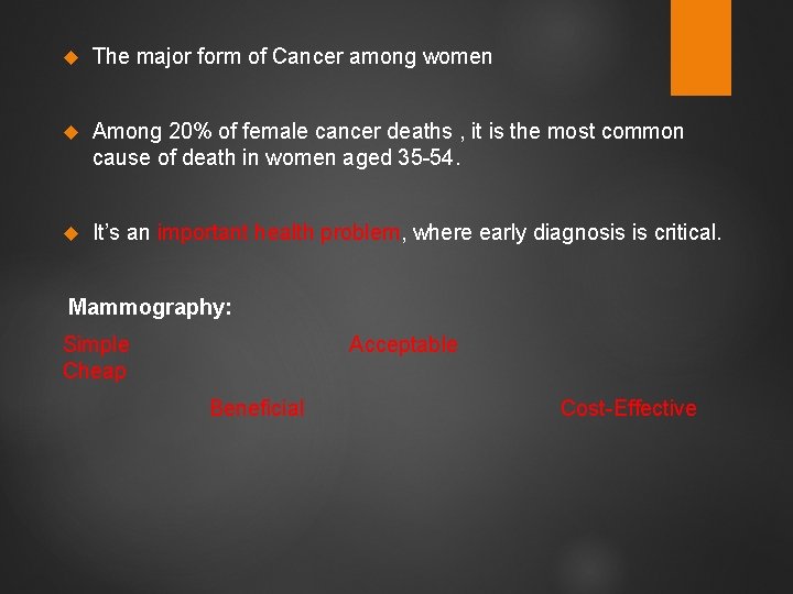  The major form of Cancer among women Among 20% of female cancer deaths